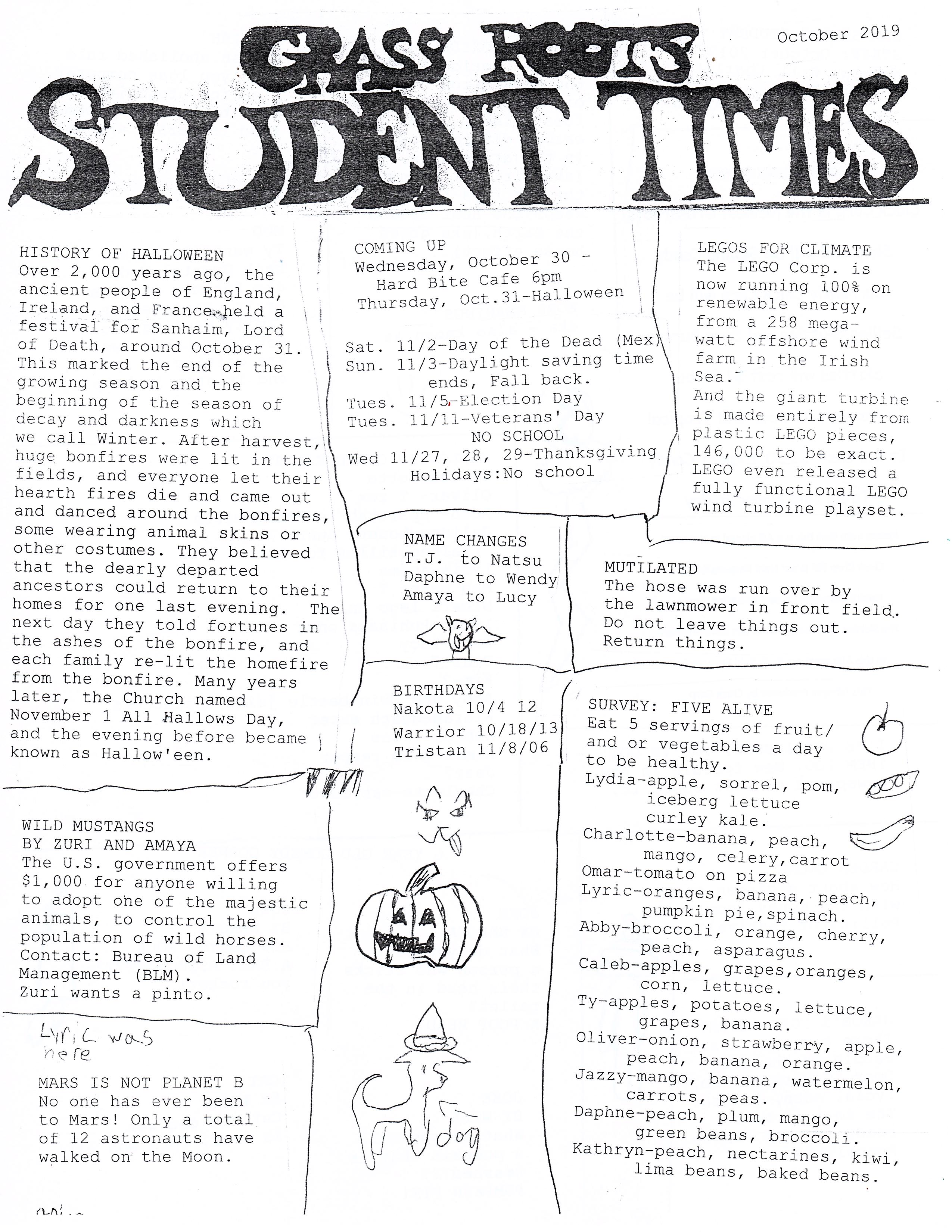 Front side of the Grassroots Student Times October edition. This is the school's student newspaper and is available in print every month.